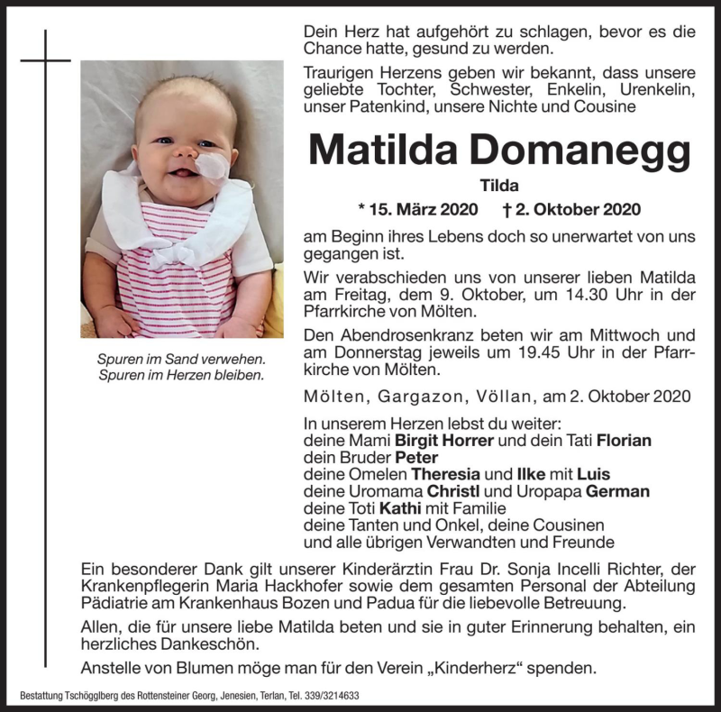  Traueranzeige für Matilda Domanegg vom 07.10.2020 aus Dolomiten