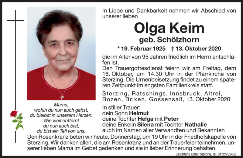  Traueranzeige für Olga Keim vom 15.10.2020 aus Dolomiten