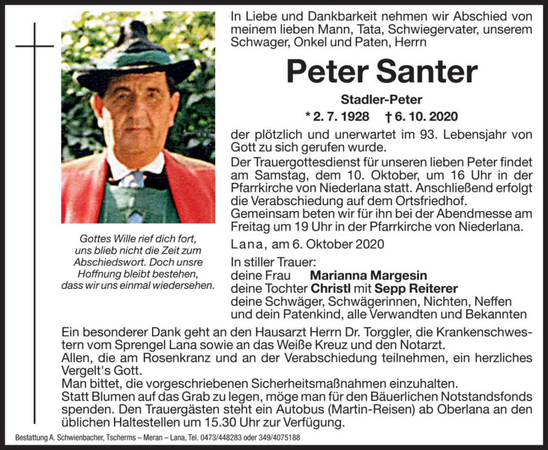  Traueranzeige für Peter Santer vom 08.10.2020 aus Dolomiten