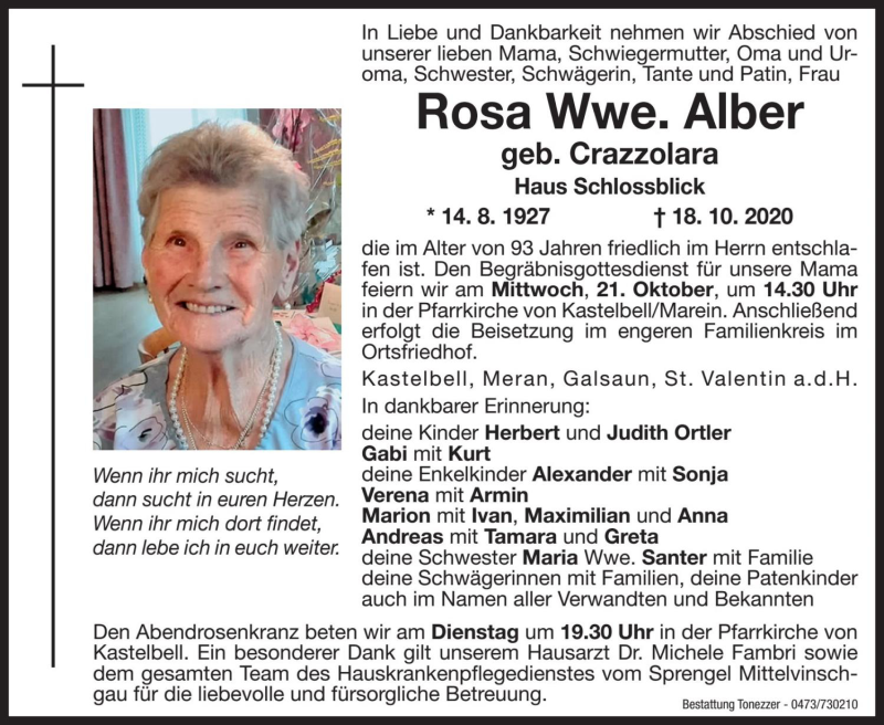  Traueranzeige für Rosa Alber vom 20.10.2020 aus Dolomiten
