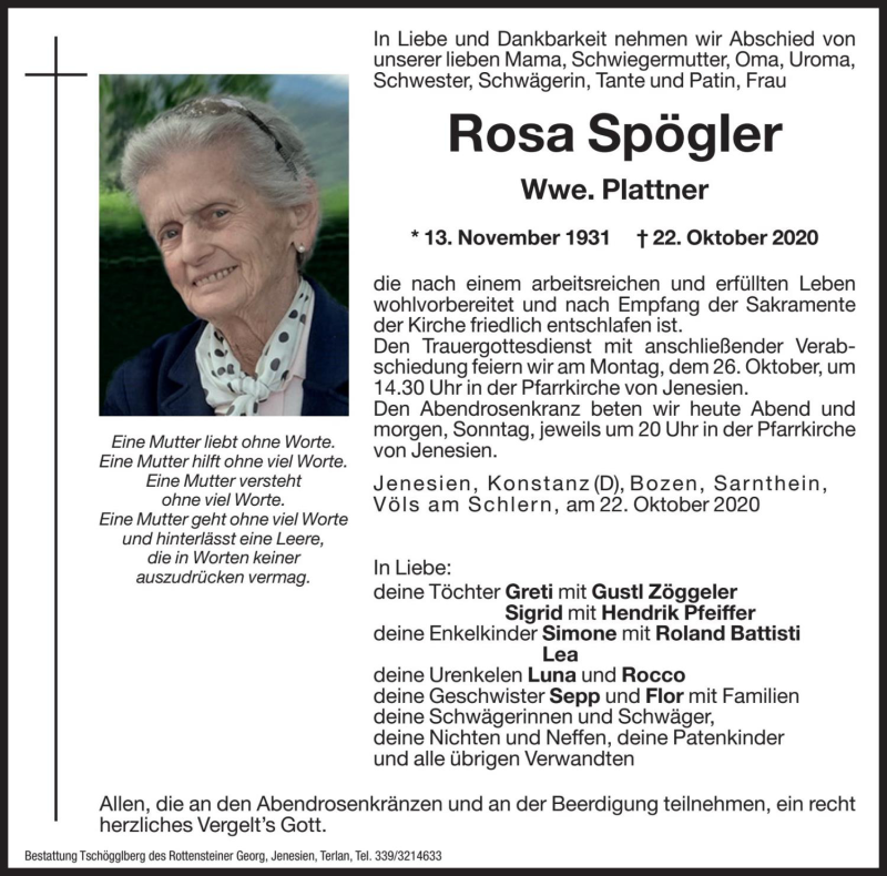  Traueranzeige für Rosa Plattner vom 24.10.2020 aus Dolomiten