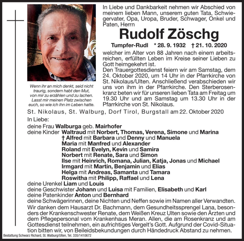  Traueranzeige für Rudolf Zöschg vom 23.10.2020 aus Dolomiten