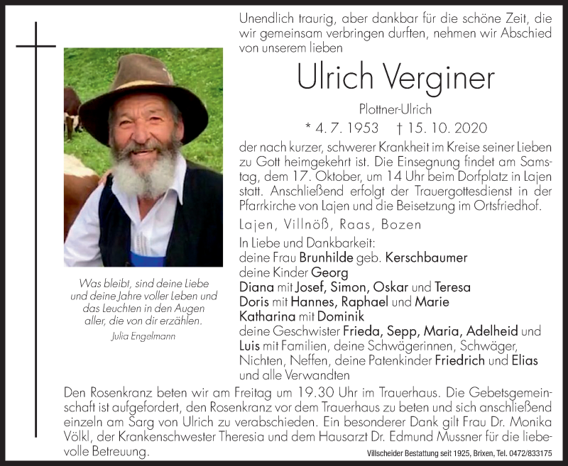  Traueranzeige für Ulrich Verginer vom 17.10.2020 aus Dolomiten