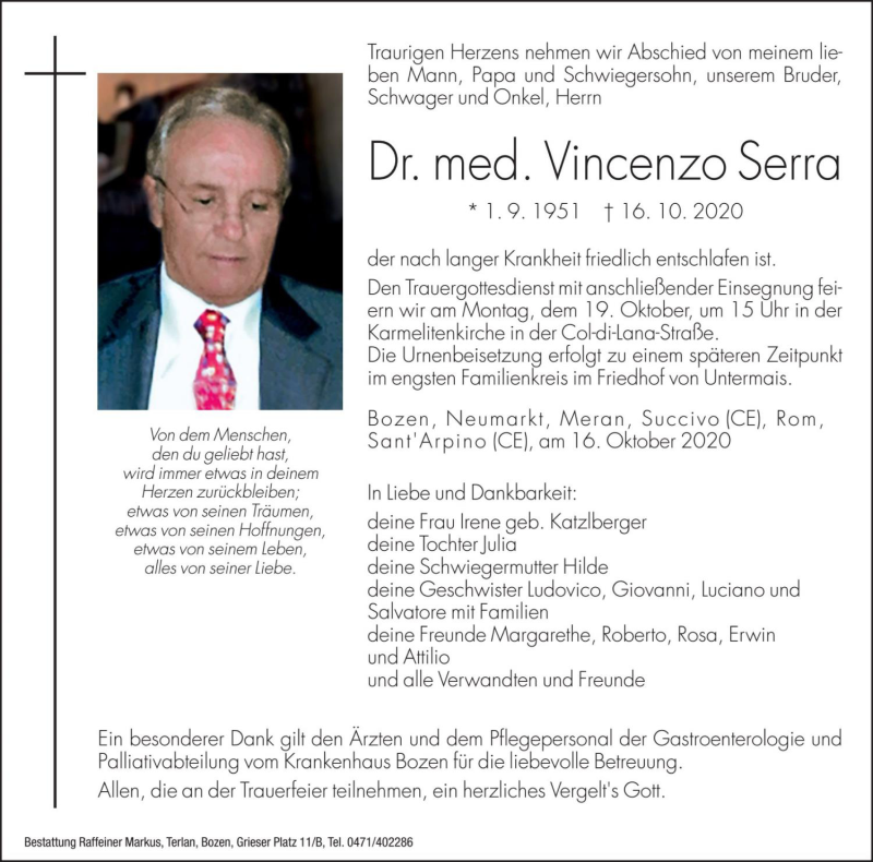  Traueranzeige für Vincenzo Serra vom 17.10.2020 aus Dolomiten