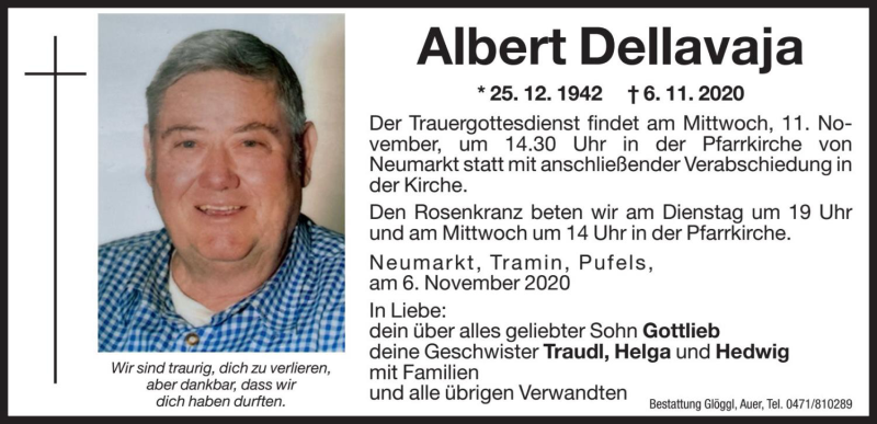  Traueranzeige für Albert Dellavaja vom 10.11.2020 aus Dolomiten