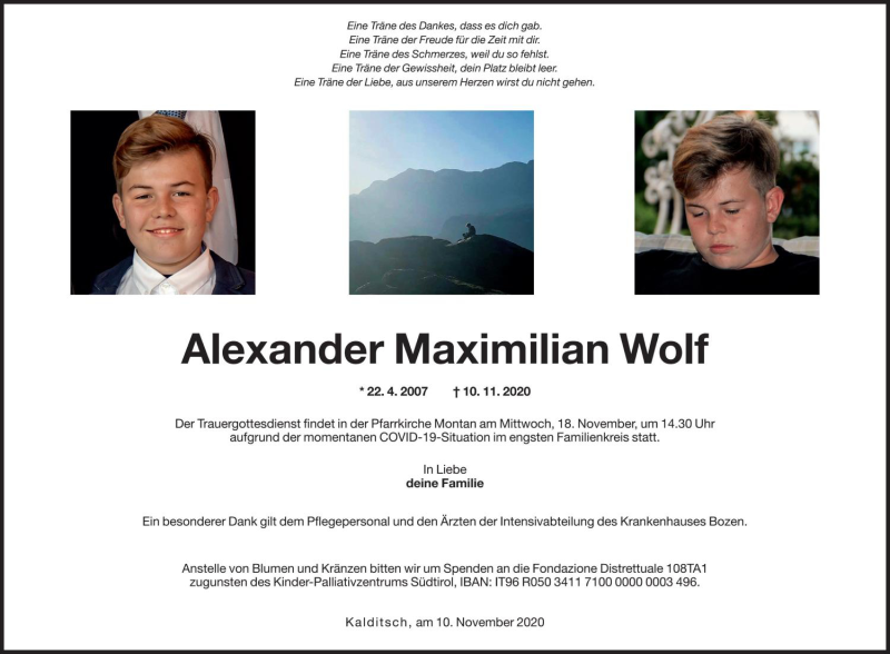  Traueranzeige für Alexander Maximilian Wolf vom 16.11.2020 aus Dolomiten