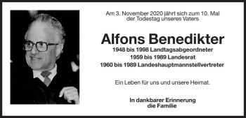 Traueranzeige von Alfons Benedikter von Dolomiten