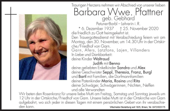 Traueranzeige von Barbara Pfattner von Dolomiten