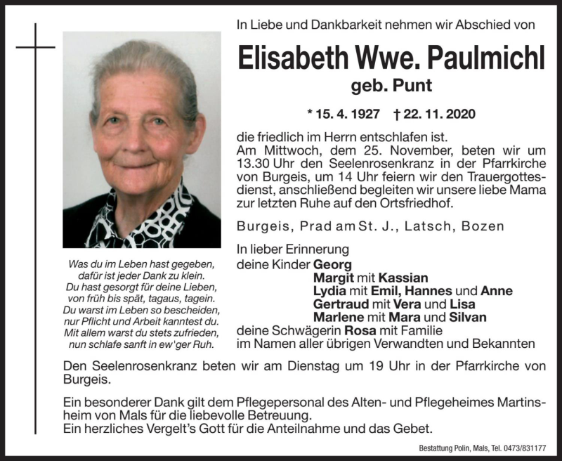  Traueranzeige für Elisabeth Paulmichl vom 24.11.2020 aus Dolomiten