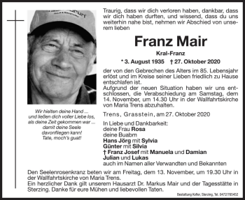 Traueranzeige von Franz Mair von Dolomiten