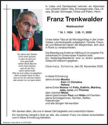 Traueranzeige von Franz Trenkwalder von Dolomiten