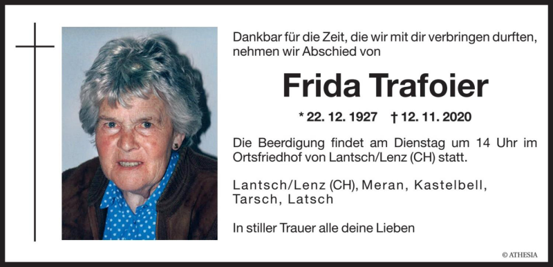  Traueranzeige für Frida Trafoier vom 14.11.2020 aus Dolomiten