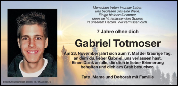 Traueranzeige von Gabriel Totmoser von Dolomiten