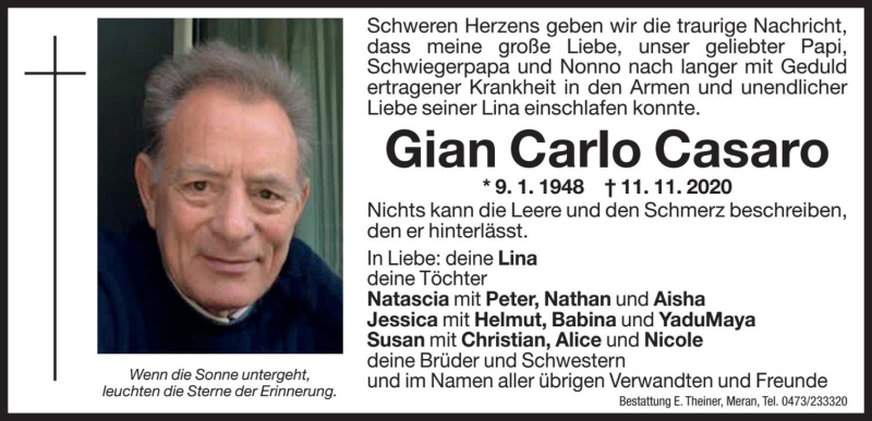  Traueranzeige für Gian Carlo Casaro vom 14.11.2020 aus Dolomiten