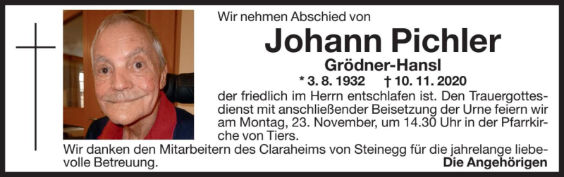  Traueranzeige für Johann Pichler vom 20.11.2020 aus Dolomiten