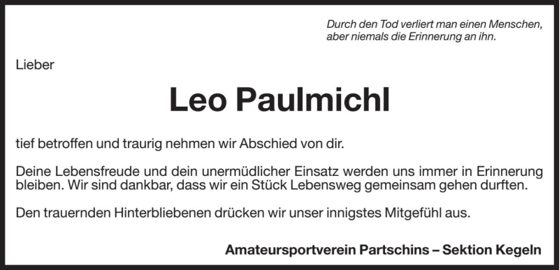  Traueranzeige für Leo Paulmichl vom 21.11.2020 aus Dolomiten