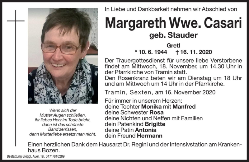  Traueranzeige für Margareth Casari vom 17.11.2020 aus Dolomiten