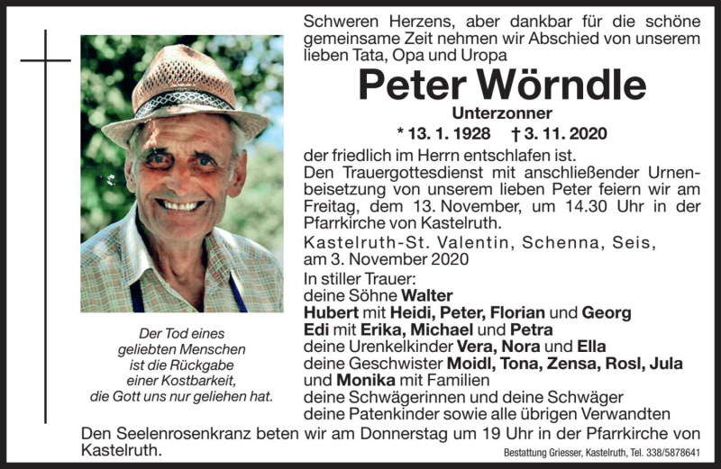  Traueranzeige für Peter Wörndle vom 12.11.2020 aus Dolomiten