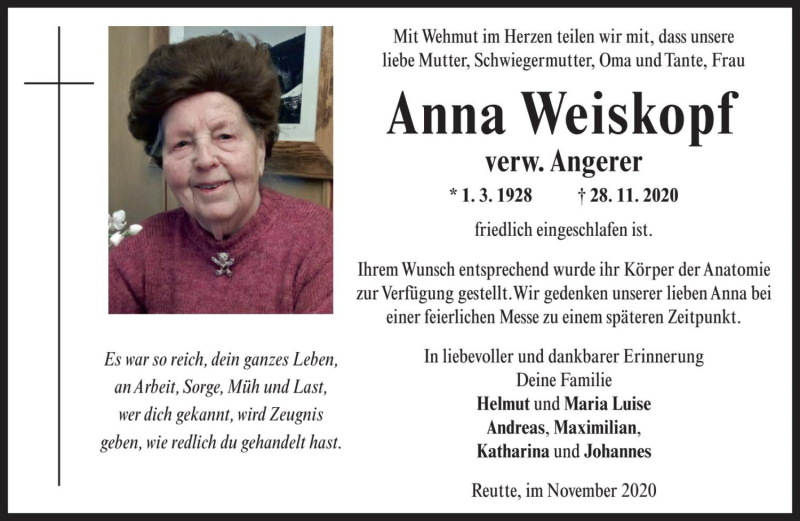  Traueranzeige für Anna Angerer vom 03.12.2020 aus Dolomiten
