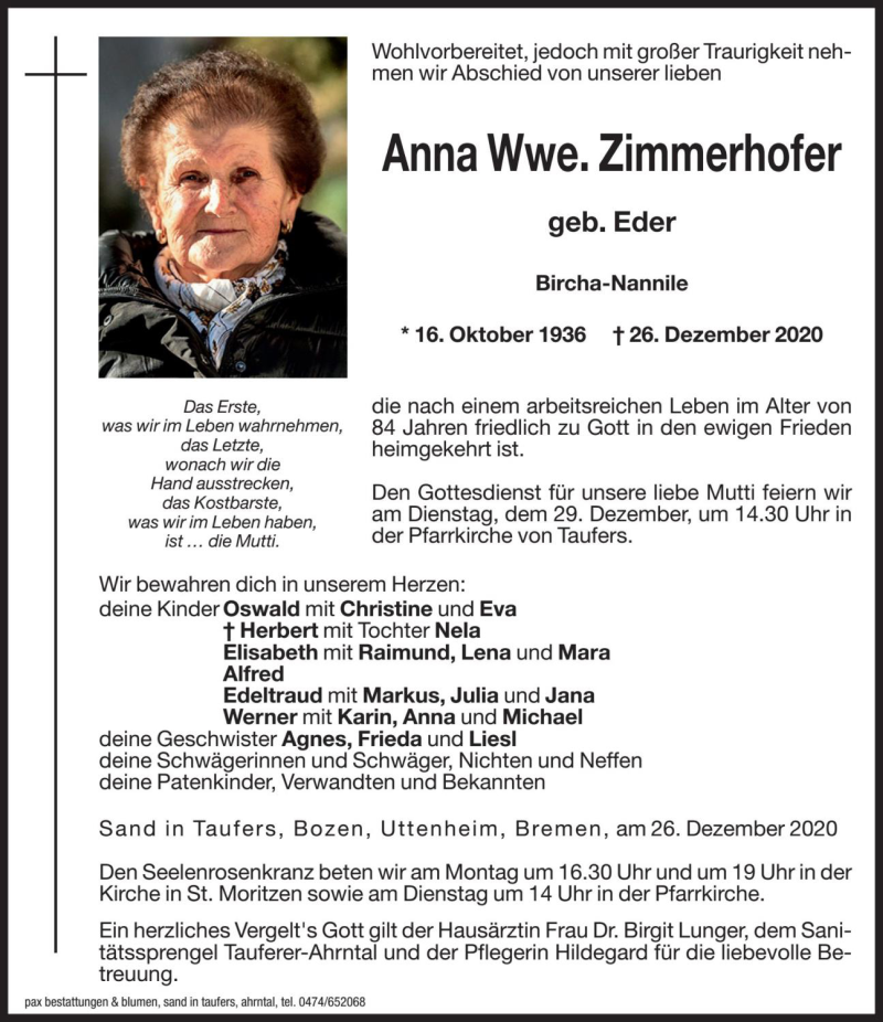  Traueranzeige für Anna Zimmerhofer vom 28.12.2020 aus Dolomiten