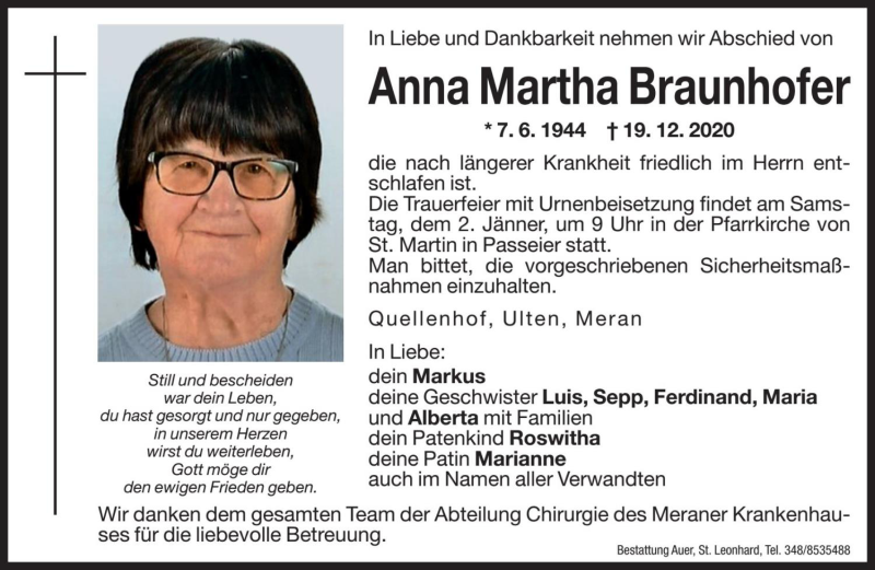  Traueranzeige für Anna Martha Braunhofer vom 31.12.2020 aus Dolomiten