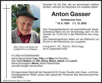 Traueranzeige von Anton Gasser von Dolomiten