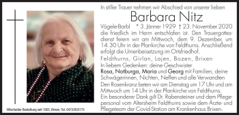 Traueranzeige von Barbara Nitz von Dolomiten