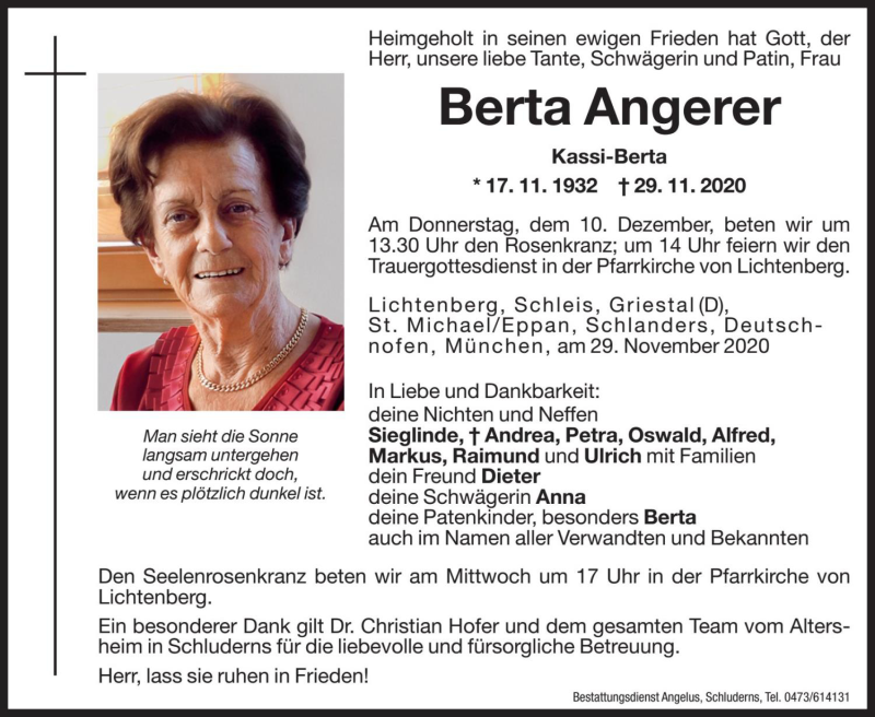  Traueranzeige für Berta Angerer vom 07.12.2020 aus Dolomiten