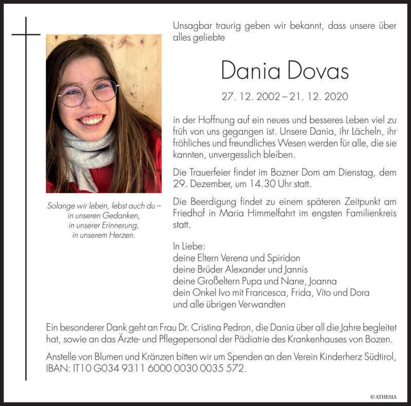  Traueranzeige für Dania Dovas vom 24.12.2020 aus Dolomiten