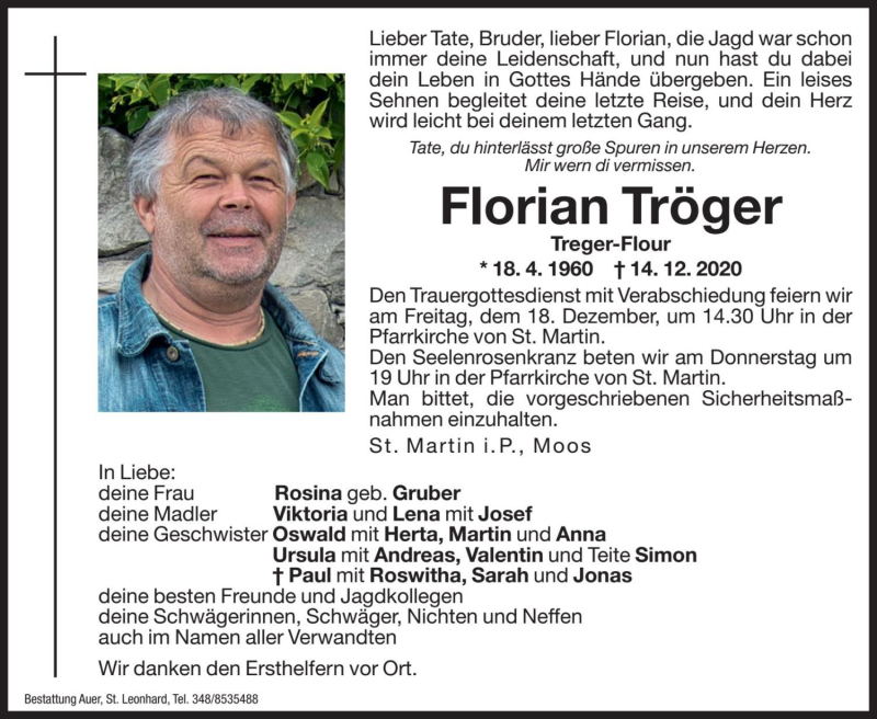  Traueranzeige für Florian Tröger vom 17.12.2020 aus Dolomiten