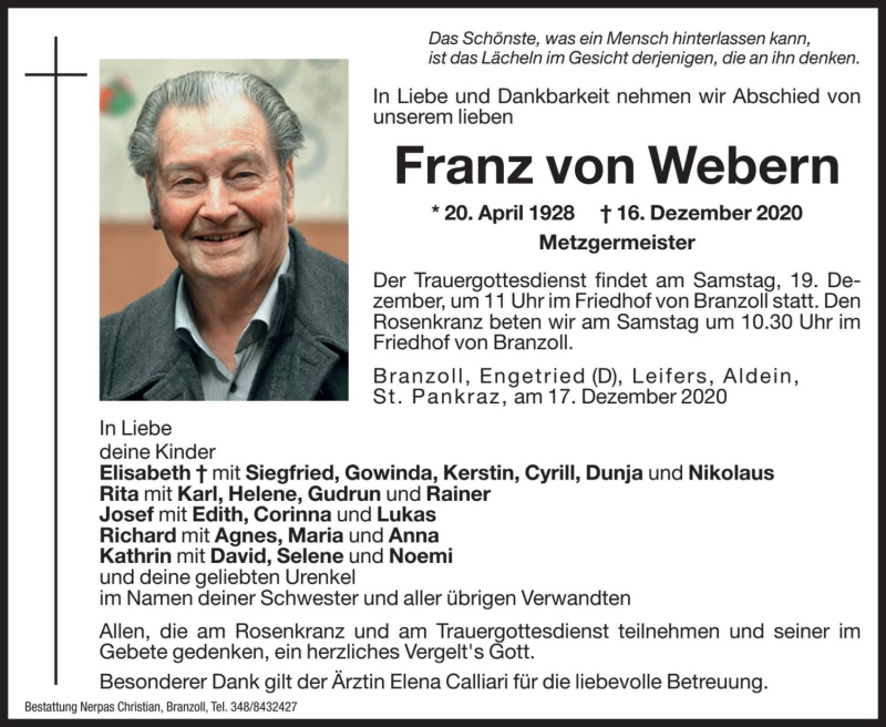  Traueranzeige für Franz von Webern vom 18.12.2020 aus Dolomiten