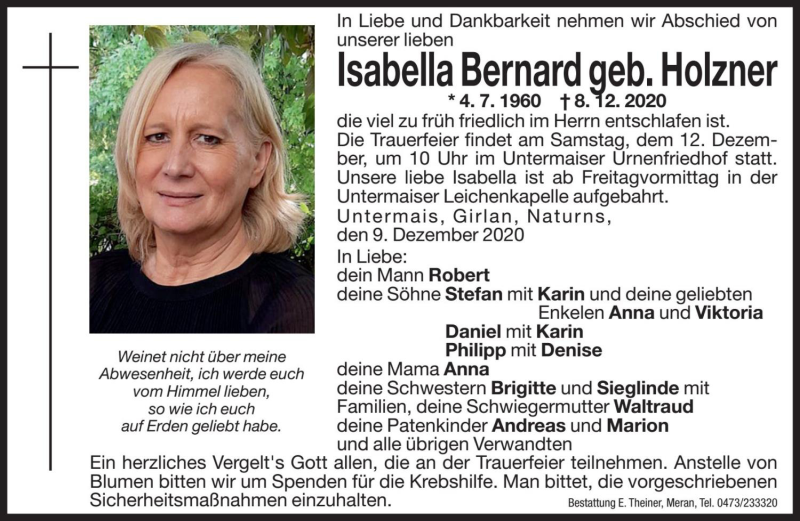  Traueranzeige für Isabella Bernard vom 10.12.2020 aus Dolomiten