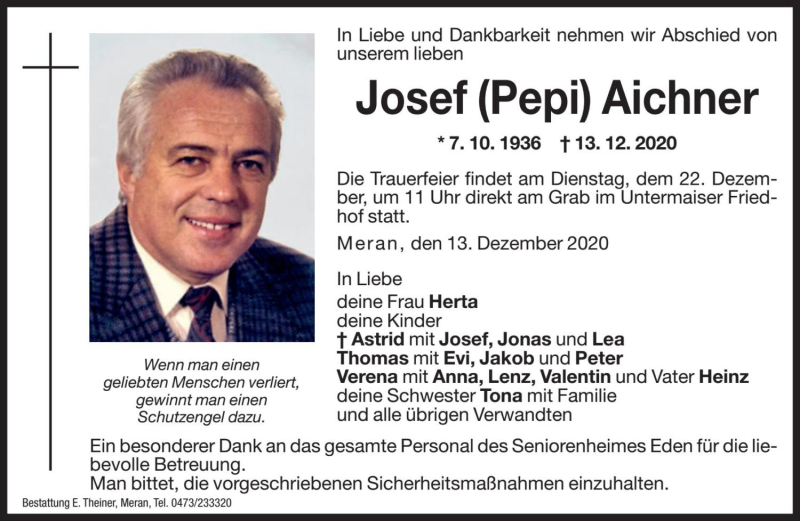  Traueranzeige für Josef Aichner vom 21.12.2020 aus Dolomiten