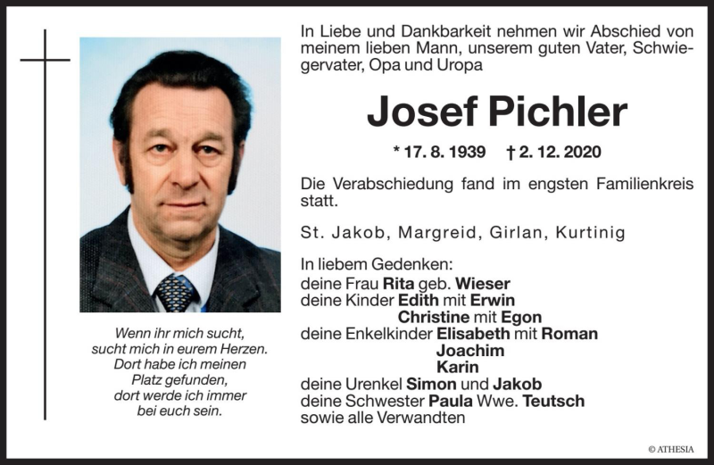  Traueranzeige für Josef Pichler vom 10.12.2020 aus Dolomiten