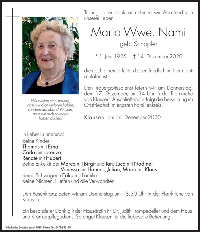  Traueranzeige für Maria Nami vom 16.12.2020 aus Dolomiten