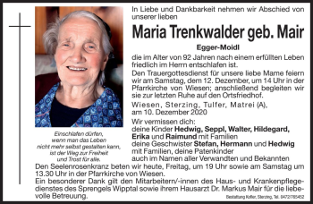 Traueranzeige von Maria Trenkwalder von Dolomiten