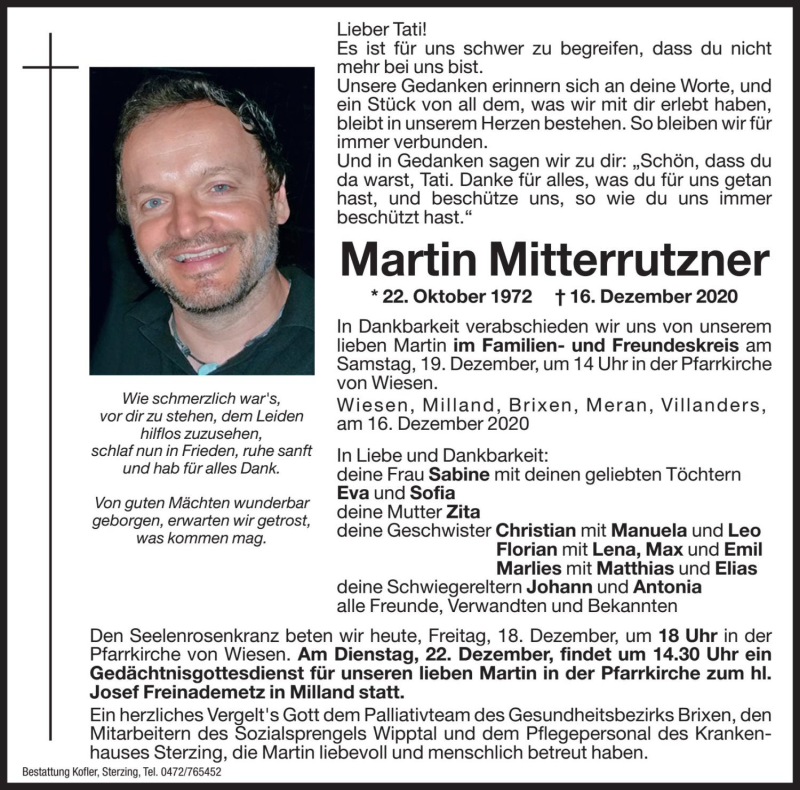  Traueranzeige für Martin Mitterrutzner vom 18.12.2020 aus Dolomiten