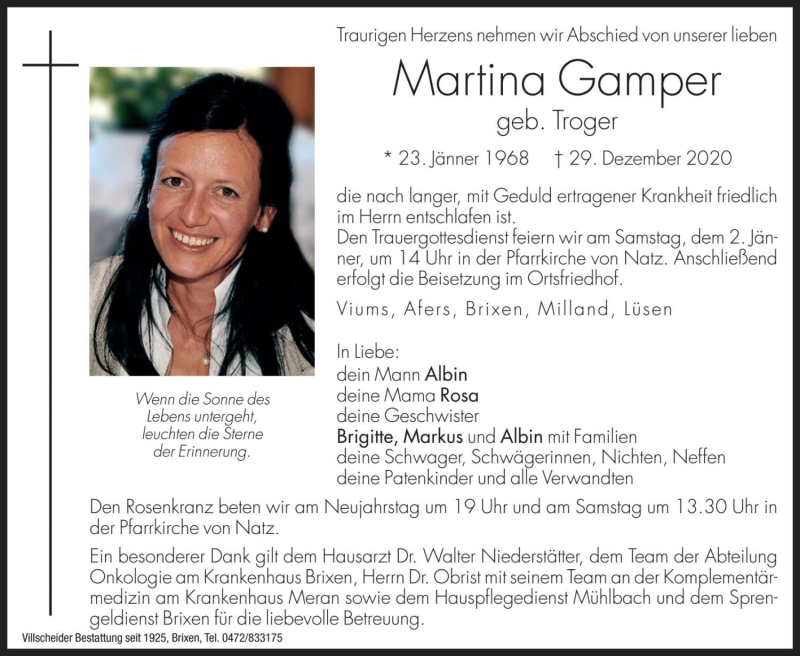  Traueranzeige für Martina Gamper vom 31.12.2020 aus Dolomiten