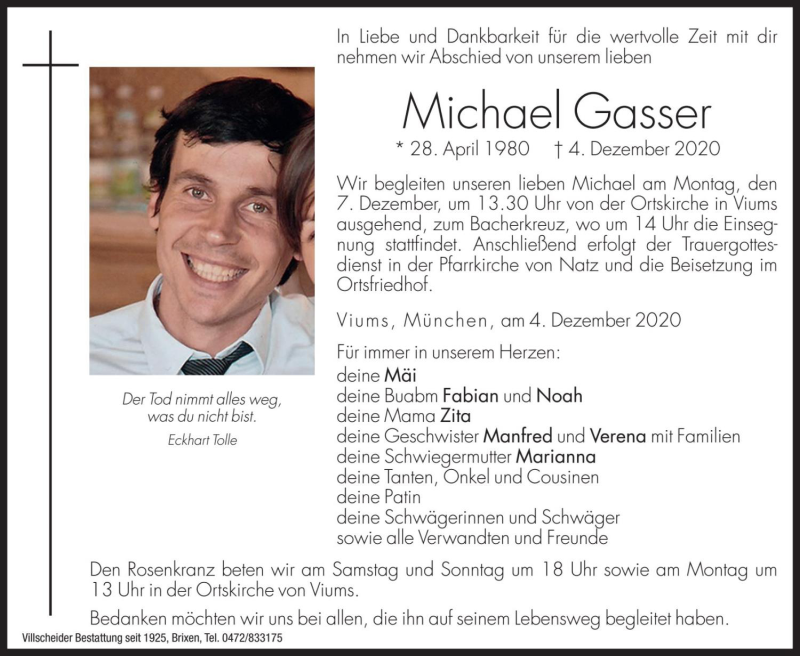  Traueranzeige für Michael Gasser vom 05.12.2020 aus Dolomiten