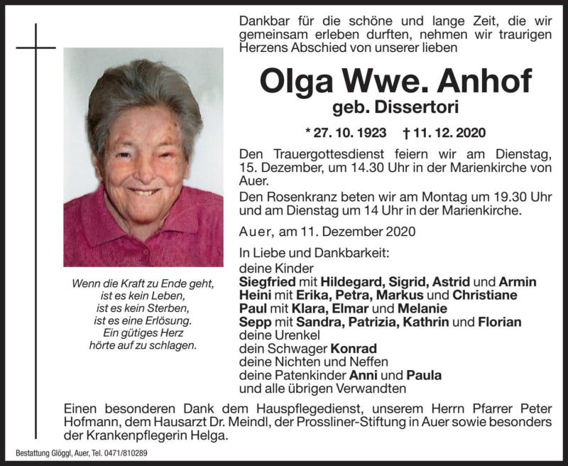  Traueranzeige für Olga Anhof vom 14.12.2020 aus Dolomiten