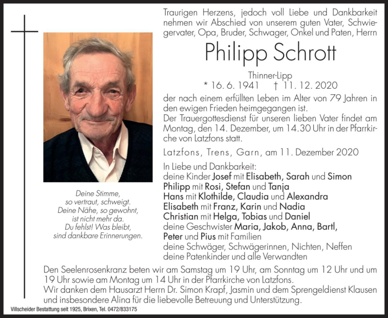  Traueranzeige für Philipp Schrott vom 12.12.2020 aus Dolomiten