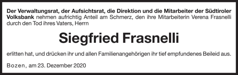  Traueranzeige für Siegfried Frasnelli vom 23.12.2020 aus Dolomiten