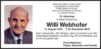 Traueranzeige von Willi Webhofer von Dolomiten