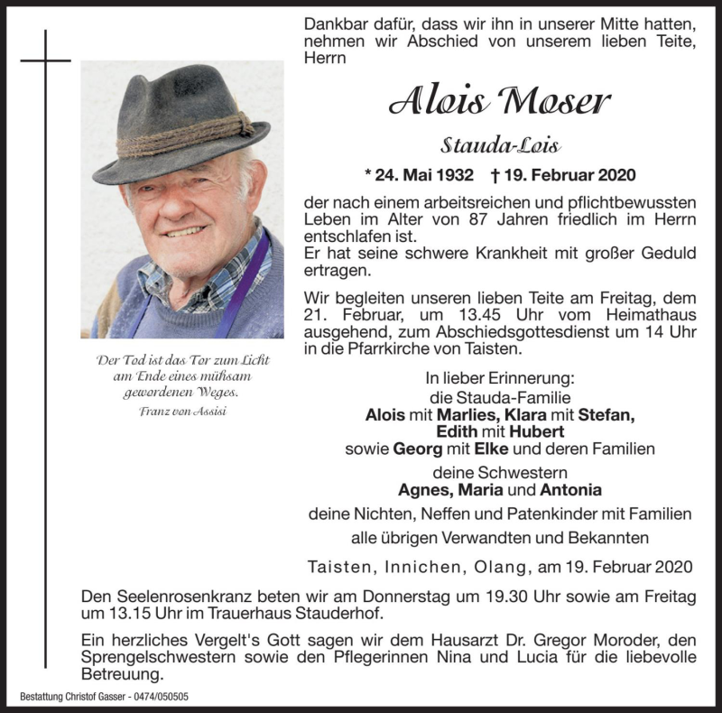  Traueranzeige für Alois Moser vom 20.02.2020 aus Dolomiten