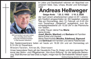 Traueranzeige von Andreas Hellweger von Dolomiten