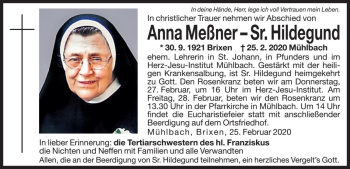 Traueranzeige von Anna Meßner von Dolomiten