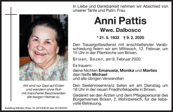 Traueranzeige von Anni Dalbosco von Dolomiten