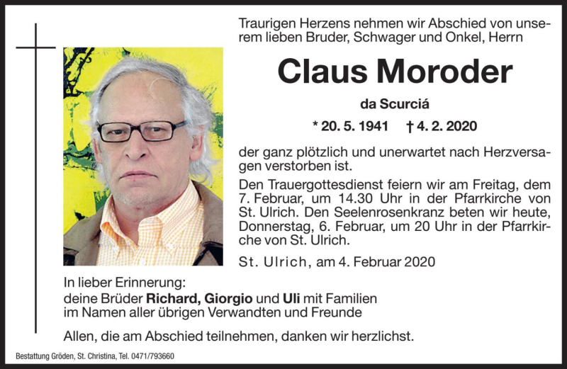  Traueranzeige für Claus Moroder vom 06.02.2020 aus Dolomiten