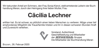 Traueranzeige von Cäcilia Lechner von Dolomiten