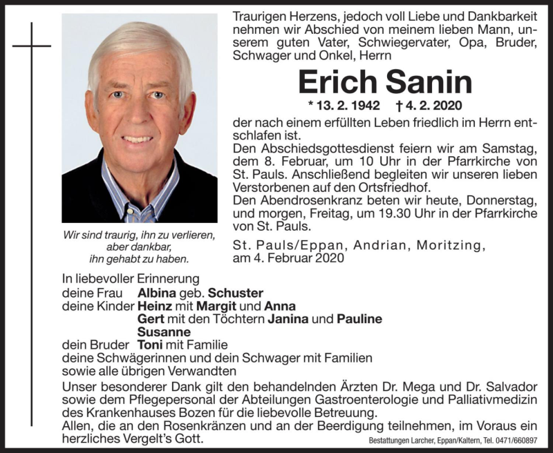  Traueranzeige für Erich Sanin vom 06.02.2020 aus Dolomiten